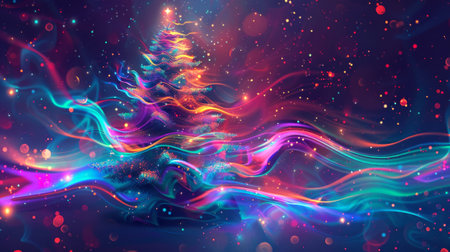 Abstract colorful neon Christmas tree with lights and decorations. Concept of holiday season, festive spirit, winter celebration, Christmas decorations.の素材