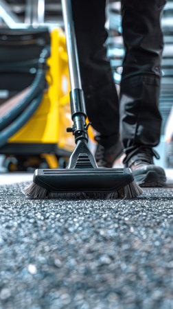 A janitor vacuuming a carpet with industrial equipment in a commercial building Concept of cleaning, maintenance, hygiene. Vertical.の素材
