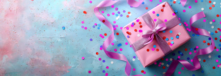 Pink gift box with ribbon and confetti on a pastel background. Concept of birthday present, celebration, party decoration, festive surprise. Banner. Copy space.の素材