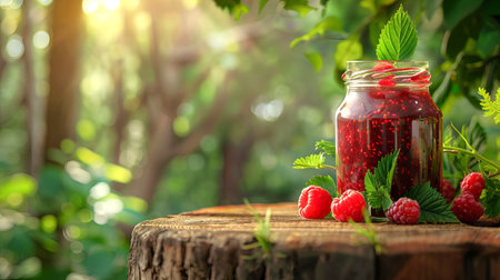 Jar of raspberry jam with fresh raspberries in a rustic outdoor setting. Concept of homemade preserves, organic food, fruit spread. Copy space.の素材