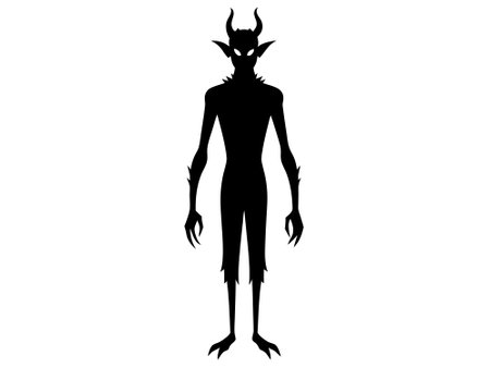Black silhouette of devil character isolated on a white background. Concept of Halloween, fantasy creature, mythical demon, villainous imp, digital art. Print, illustration, design elementのイラスト素材
