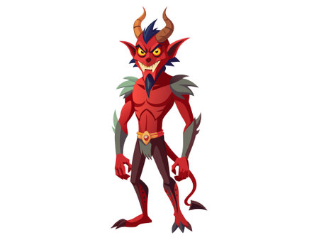 Cartoon devil character with glowing eyes isolated on a white background. Concept of Halloween, fantasy creature, mythical demon, villainous imp, digital art. Print, illustration, design element.のイラスト素材