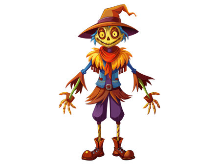 Cartoon scarecrow with a witch hat and colorful attire isolated on a white background. Concept of Halloween, autumn, spooky character, farm decoration. Print, digital art, design element.のイラスト素材
