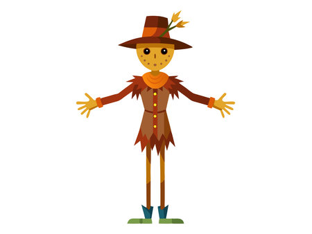 Cartoon scarecrow with a witch hat and colorful attire isolated on a white background. Concept of Halloween, autumn, spooky character, farm decoration. Print, digital art, design element.のイラスト素材