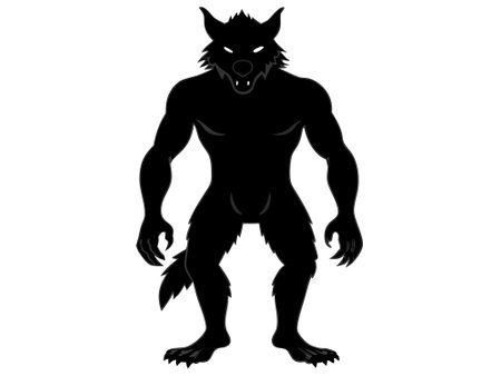 Black silhouette of a werewolf isolated on a white background. Concept of Halloween character, mythical creature, monster, horror, fantasy, nightmare. Print, design element, illustrationのイラスト素材