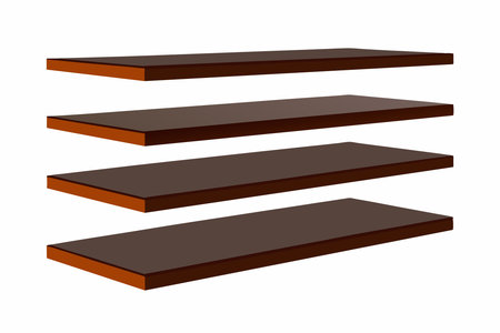 Brown wooden floating shelves isolated on a white background. Minimalist shelving unit with simple design. Concept of home decor, organization, storage, furniture, interior designのイラスト素材