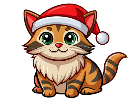 Cute cat in a Christmas Santa hat isolated on white background. Adorable kitten in festive attire.のイラスト素材