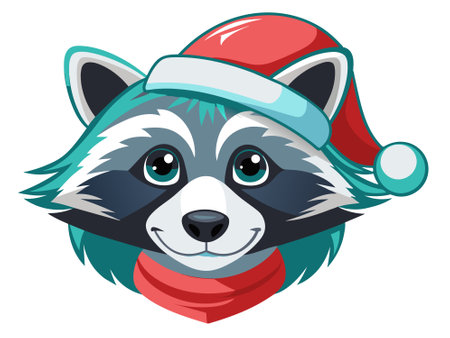 Cute raccoon in Christmas Santa hat isolated on white background. Adorable little raccoon in festive attire.のイラスト素材