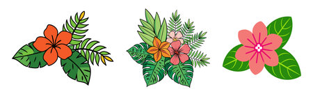 Set of tropical flowers with green leaves. Brightly colored tropical blooms. Concept of exotic flora, botanical illustrations, nature themes, summer vibes. Isolated on white backgroundのイラスト素材