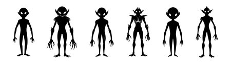 Set of Black silhouettes of an aliens isolated on white background. Humanoids. Graphic art. Concept...