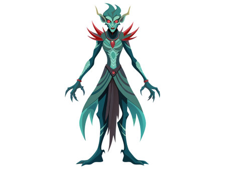 Illustration of a banshee character with glowing eyes and tattered robes isolated on a white background. Concept of Halloween, mythical creature, spooky ghost, fantasy design. Print, design element.のイラスト素材