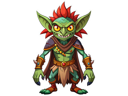 Green goblin in a cartoonish style isolated on a white background. Concept of Halloween, fantasy...