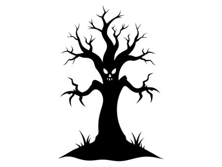 Black silhouette of a spooky tree with an ominous face and creepy roots isolated on a white background. Concept of Halloween, haunted tree, horror, haunted forest, evil nature. Print, art, illustration.のイラスト素材