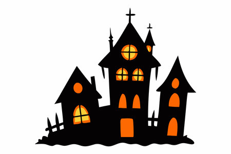 Black silhouette of a haunted house with glowing windows isolated on a white background. Concept of Halloween, spooky mansion, ghost house, minimalist style. Print, design element, illustration.のイラスト素材