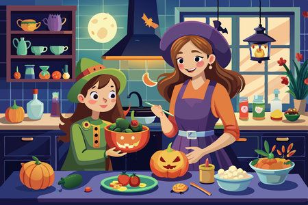 Mother and daughter cooking together in a cozy kitchen. Concept of family bonding, Halloween, home activity, festive season. Illustration, vector, design element.のイラスト素材