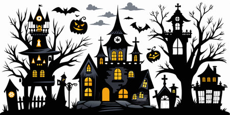 Halloween haunted house silhouette on white background. Concept of spooky illustration, festive decor, horror theme, minimalist style. Print, design, art.のイラスト素材