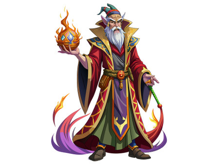 Cartoon wizard illustration isolated on a white background. Concept of fantasy character, magic, mystical figure, medieval sorcerer. Print, icon, design element.のイラスト素材