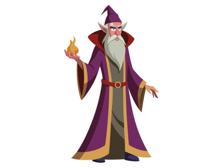 Cartoon wizard illustration isolated on a white background. Concept of fantasy character, magic, mystical figure, medieval sorcerer. Print, icon, design element.のイラスト素材