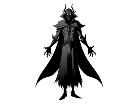 Black silhouette of a menacing vampire isolated on a white background. Concept of horror, Gothic villain, dark fantasy, minimalist style. Print, Design element.のイラスト素材