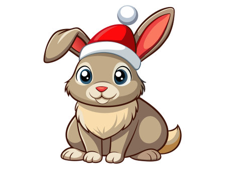 Cute rabbit in Christmas Santa hat isolated on white background. Adorable bunny in festive attire.のイラスト素材
