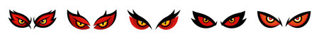 Set of Red and black devil eyes with flames. Isolated on White Background. Demonic Fiery eyes. Concept of Demon Character Design, Halloween, horror, evil, fantasy, spooky art. Clip artのイラスト素材