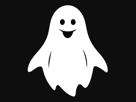 White ghost silhouette isolated on a black background, concept of Halloween, spooky spirit, minimalist style, cute phantom illustration, icon, design element.のイラスト素材