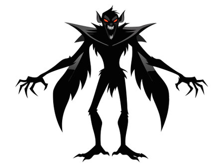 Black silhouette of a vampire isolated on a white background. Concept of Halloween monster, gothic creature, horror icon, minimalist style, spooky character. Print, design element.のイラスト素材
