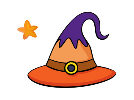 Witch hat isolated on a white background. Hand drawn Wizard pointed hat. Concept of Halloween, Magic, Wizard Accessory, Fantasy Icon, Festive Design. Print, design elementのイラスト素材