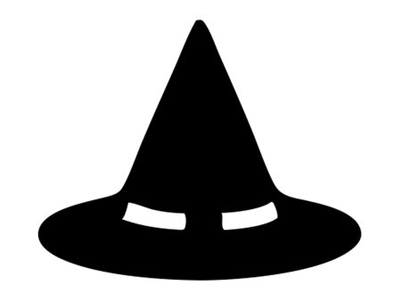 Black silhouette of a witch hat isolated on a white background. Wizard pointed hat. Concept of Halloween accessory, magic symbol, minimalist style, festive decor. Print, icon, design element.のイラスト素材