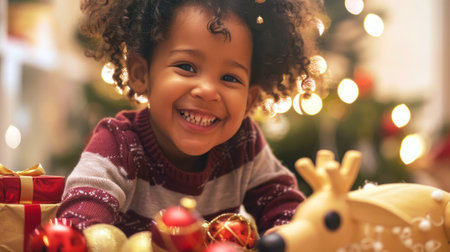 Happy African American child with curly hair smiling among Christmas decorations and presents. Concept of joyful holiday, festive season, Christmas cheer, child happiness.の素材