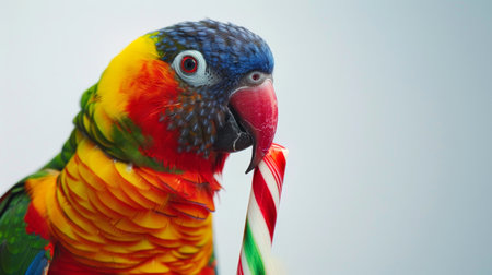 Colorful macaw parrot holding a candy cane. Concept of exotic pet, Christmas, vibrant bird, tropical wildlife, animal with candies. Neutral background.の素材