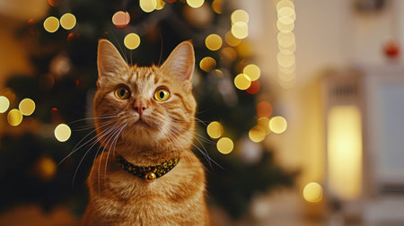 Cat gazing up in front of a sparkling Christmas tree. Concept of festive cat, holiday decorations, domestic feline, Christmas lights. Copy space.の素材