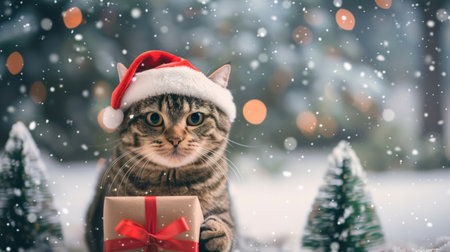 Cute cat wearing Santa hat with a gift in snowy landscape. Concept of Christmas, holiday season, festive pets, winter celebrationの素材