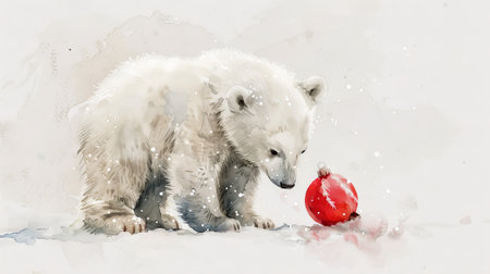 Watercolor art of a polar bear cub with a red ball. Concept of wild animal, playtime, winter wildlife, nature illustration. Copy space.の素材