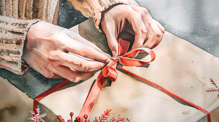 Watercolor art of a woman tying a red ribbon on a gift box, concept of holiday wrapping, Christmas gift, festive celebration, winter season, New Year.の素材