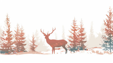 Majestic deer in a snowy forest landscape. Concept of wildlife, nature, winter, serenity. Digital illustration.の素材