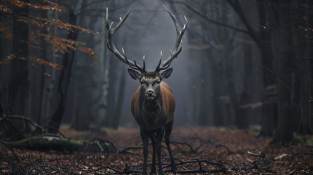 Majestic deer with large antlers standing in a misty forest clearing. Concept of wildlife, nature, forest, tranquility.の素材