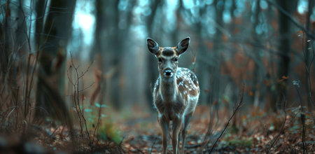 Young deer standing in a misty forest with autumn leaves and bare trees. Concept of wildlife, nature, forest, animal.の素材