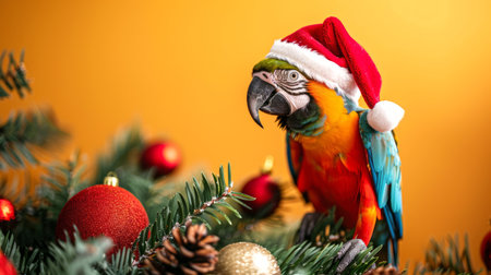 Colorful parrot wearing a Santa hat on a decorated Christmas tree. Concept of exotic bird, holiday season, festive decor, animal celebration.の素材