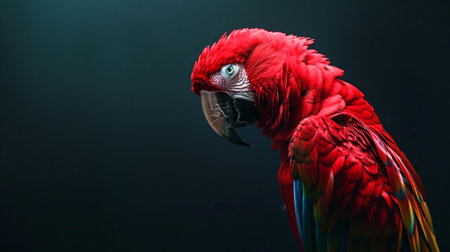 Vibrant scarlet macaw parrot against a dark background. Concept of exotic birds, wildlife, tropical animals, colorful feathers.の素材