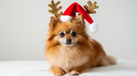 Pomeranian dog wearing reindeer antlers and a Santa hat. Concept of festive pet, Christmas, holiday, cute.の素材