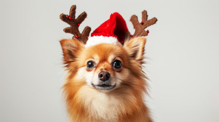 Cute Pomeranian Dog with Reindeer Antlers and Santa Hat. Concept of Christmas, Holiday Pet, Festive Season, Animal Costume.の素材