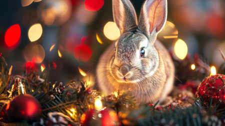 Bunny surrounded by Christmas ornaments and lights. Concept of festive, holiday, Christmas, cute.の素材