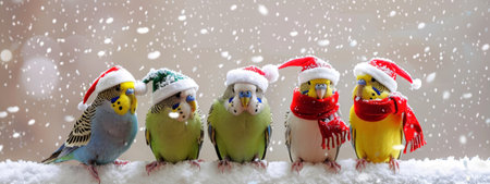 Five colorful budgerigars wearing Santa hats and scarves in a snowy scene. Concept of festive birds, winter holiday, Christmas pets, seasonal celebration.の素材