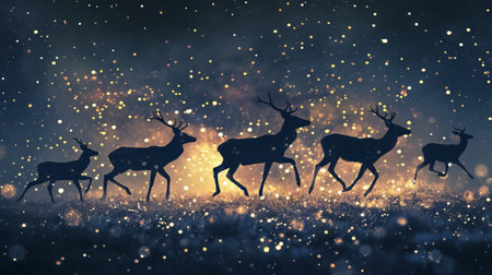 Silhouette of Three Deers at Night with Snowfall and Starry Sky. Concept of Nature, Wildlife, Winter, Night Scenery.の素材