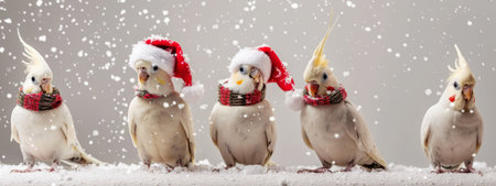 Five cockatiels wearing Santa hats and scarves in the snow. Concept of Christmas, holiday, festive, birds.の素材