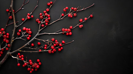 Red holly berries on a dark textured background. Concept of Christmas, holiday, festive, decoration. Copy space.の素材