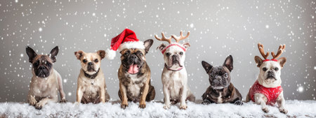 Group of dogs in Christmas attire with snowflake background. Concept of festive pets, holiday season, Christmas spirit, winter celebration.の素材