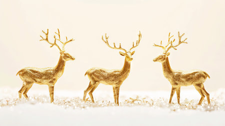 Golden deer figurines in snowy landscape Concept of holiday decor festive ornament winter decoration.の素材