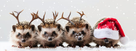 Four hedgehogs with reindeer antlers and a Santa hat in the snow. Concept of Christmas, holiday, festive, cute animalsの素材